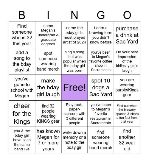 Megan's Birthday Bingo Card