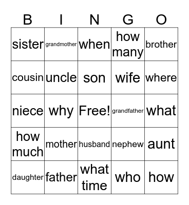 Family, Questions Bingo Card