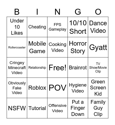 YT Shorts Bingo Card