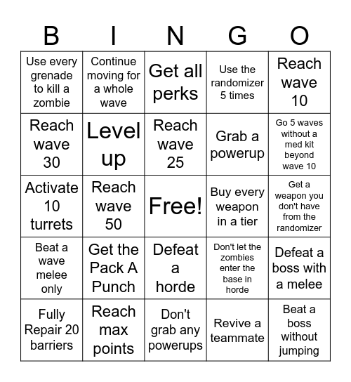 Zombie Uprising Bingo Card