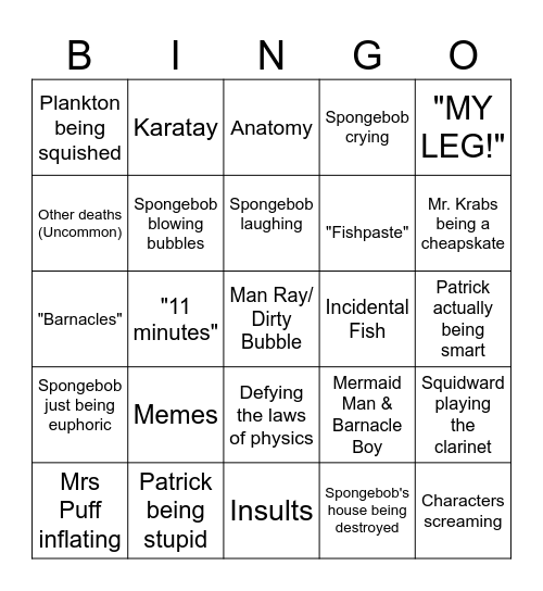 Spongebob Bingo Card