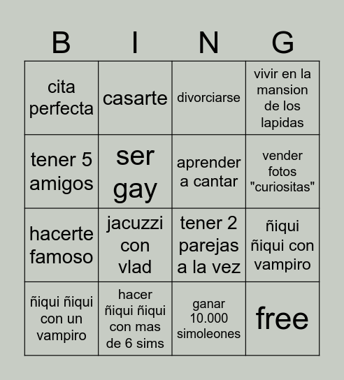 Bingo sims 4 Bingo Card