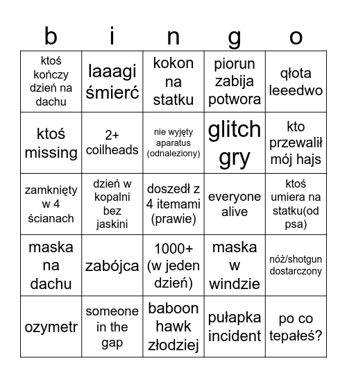 lethal company Bingo Card