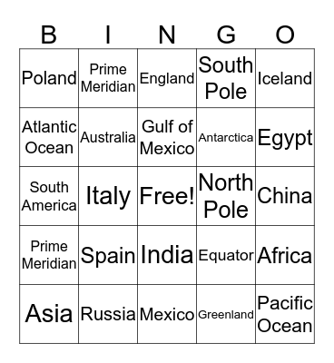 Latitude and Longitude Bingo Card