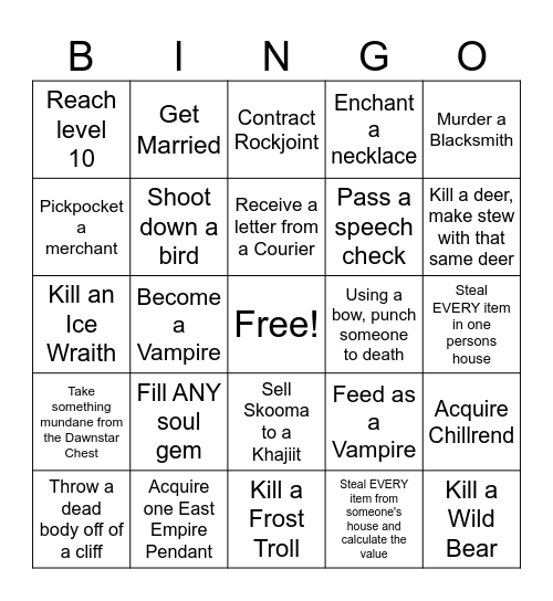 Skyrim Randomizer Bingo Card