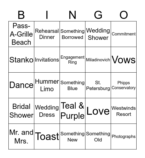 Bridal Bingo Card