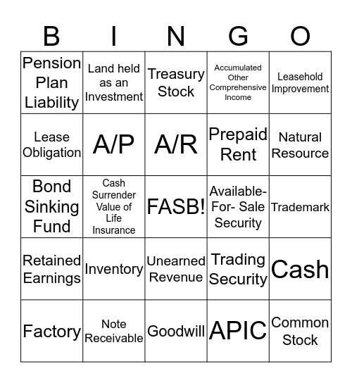 Balance Sheet Bingo Card