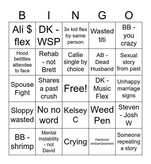 Reunion Bingo Card