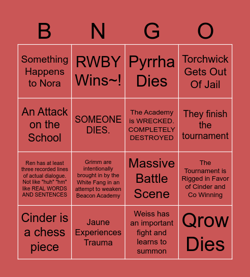 RWBY BNGO Bingo Card