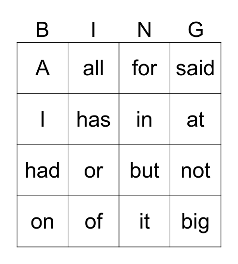 Sight Word Bingo Card