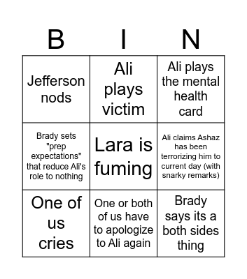 ALI BINGO!!! Bingo Card