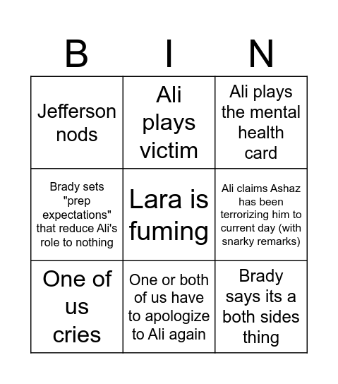 ALI BINGO!!! Bingo Card