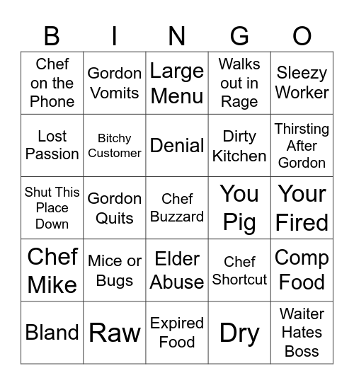 Kitchen Nightmares Bingo Card