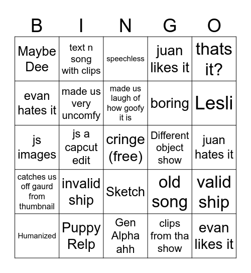 bfdi animation bingo Card