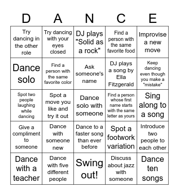 Lindy Hop Ice Breaker Bingo Card