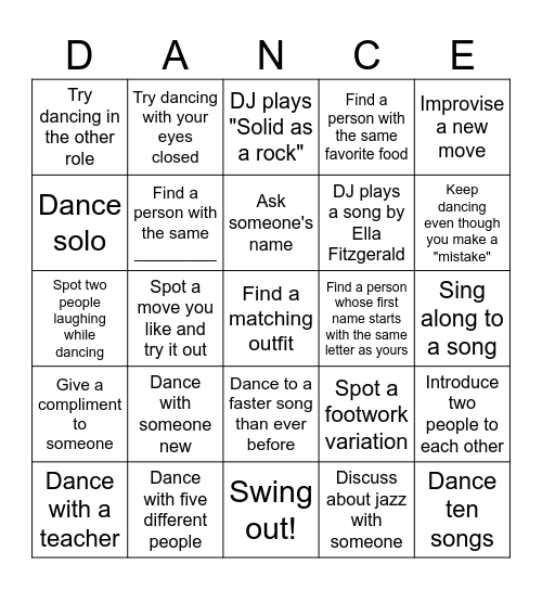 Lindy Hop Ice Breaker Bingo Card