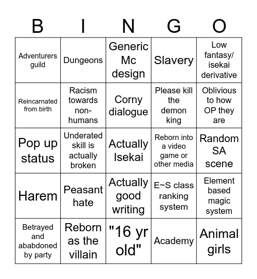 Isekai Bingo Card