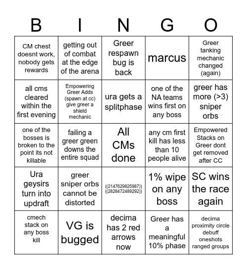 Wing 8 CM Release Bingo Card
