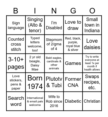 About me Bingo Card