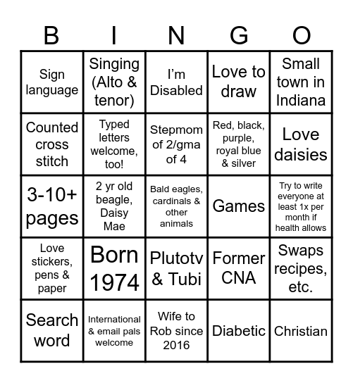 About me Bingo Card