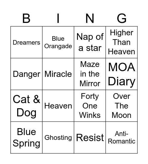 TXT Concert Setlist Bingo Card