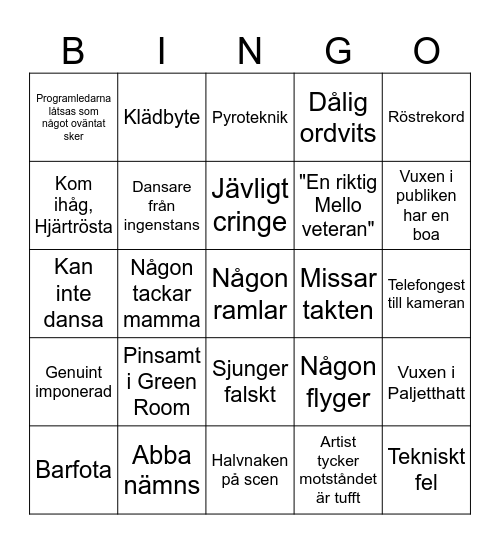 Melodifestivalen Bingo Card