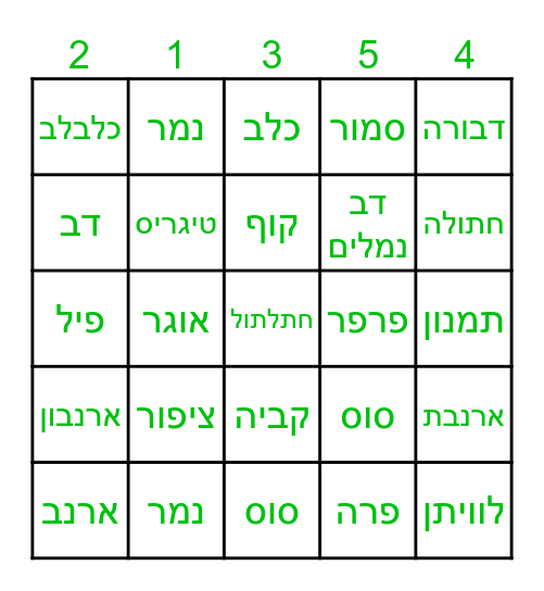 בעלי חיים Bingo Card