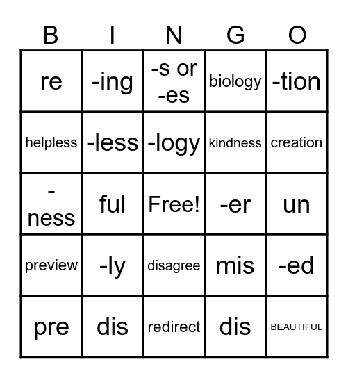 Prefix & Suffix Bingo Card