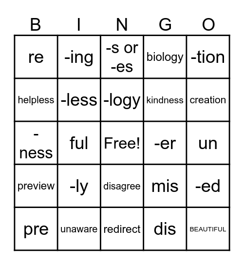 Prefix & Suffix Bingo Card