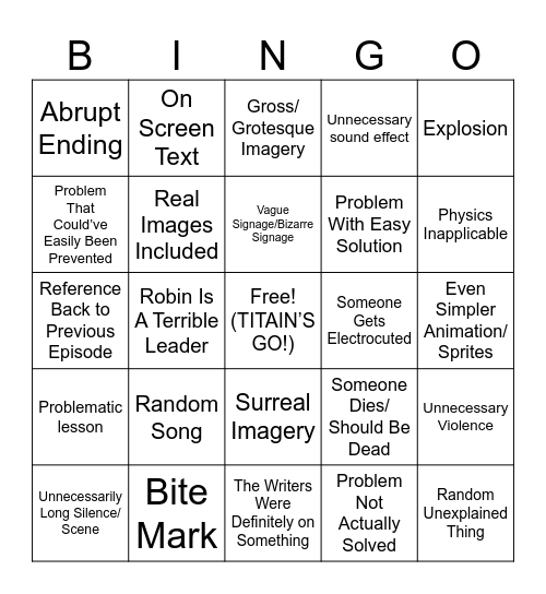 Teen Titians Go Bingo Card