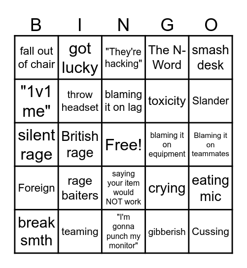rage Bingo Card