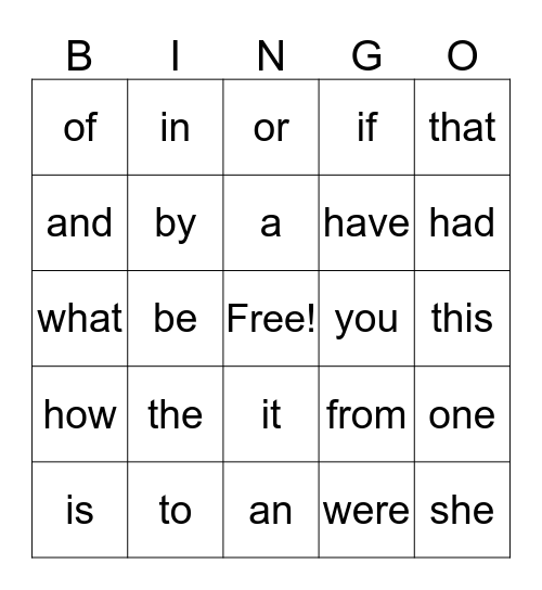 List A Bingo Card