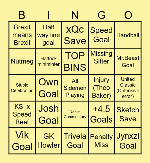 SIDEMEN CHARITY MATCH Bingo Card