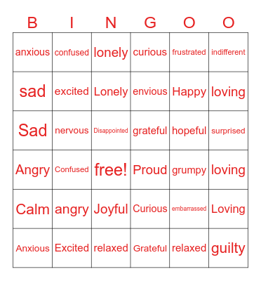 Emotions Bingo Card
