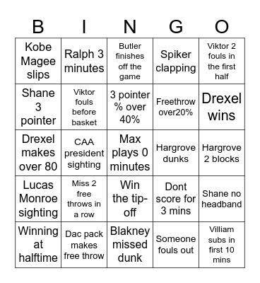 Drexel Basketball Bingo Card