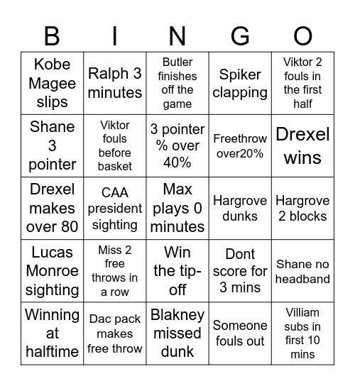 Drexel Basketball Bingo Card