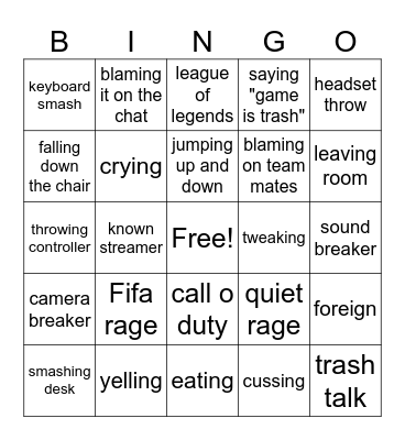 gamer rage Bingo Card