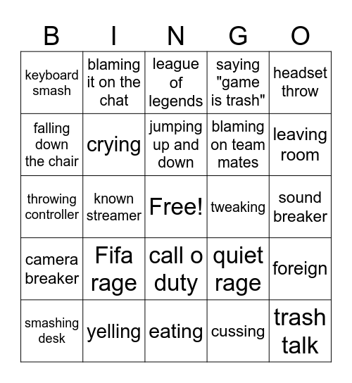 gamer rage Bingo Card