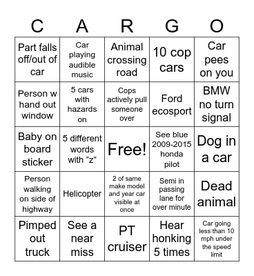 Car Bingo Card