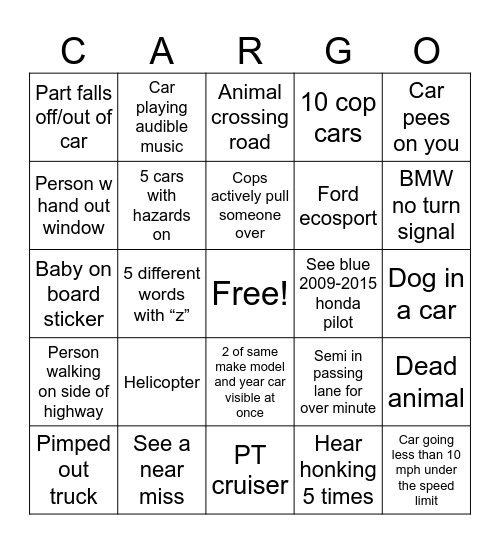 Car Bingo Card
