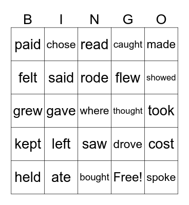 Irregular Verbs - Past Tense Bingo Card
