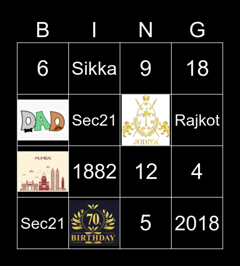 70th Birthday Bingo Card