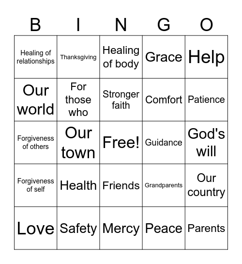 Prayer Bingo Card