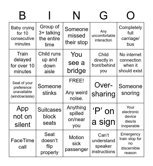 Train Ride Bingo Card
