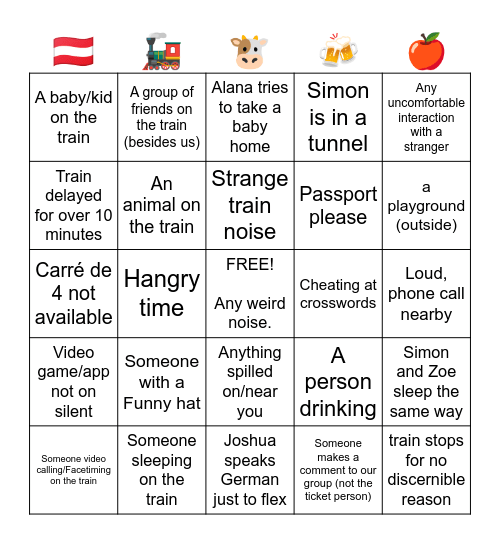 Train Ride Bingo Card