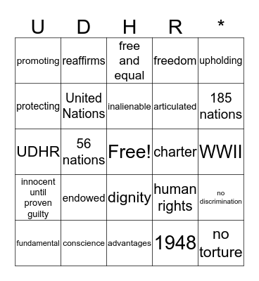 UDHR Vocabulary Bingo Card