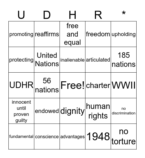 UDHR Vocabulary Bingo Card