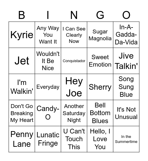 Song Title in Opening Lyrics Bingo Card