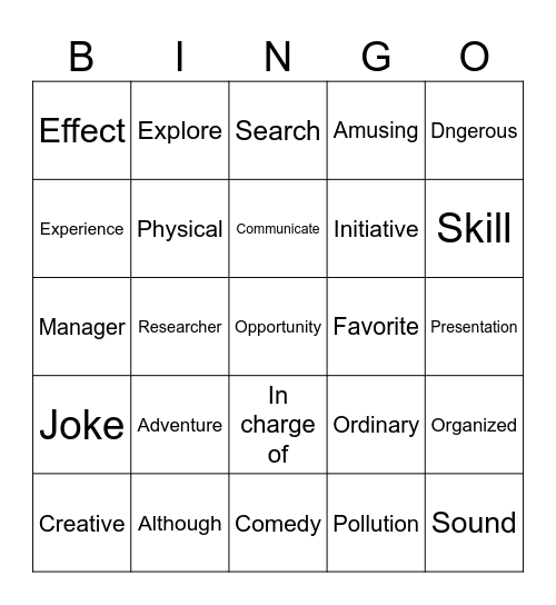 Vocabulary Bingo Card