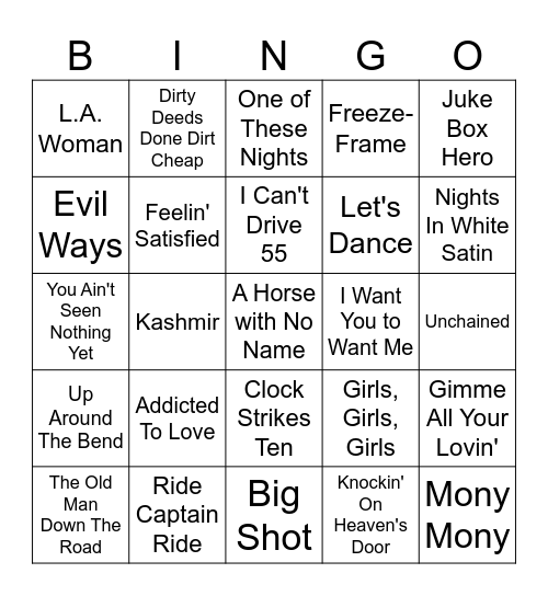 Classic Rock A to Z Bingo Card